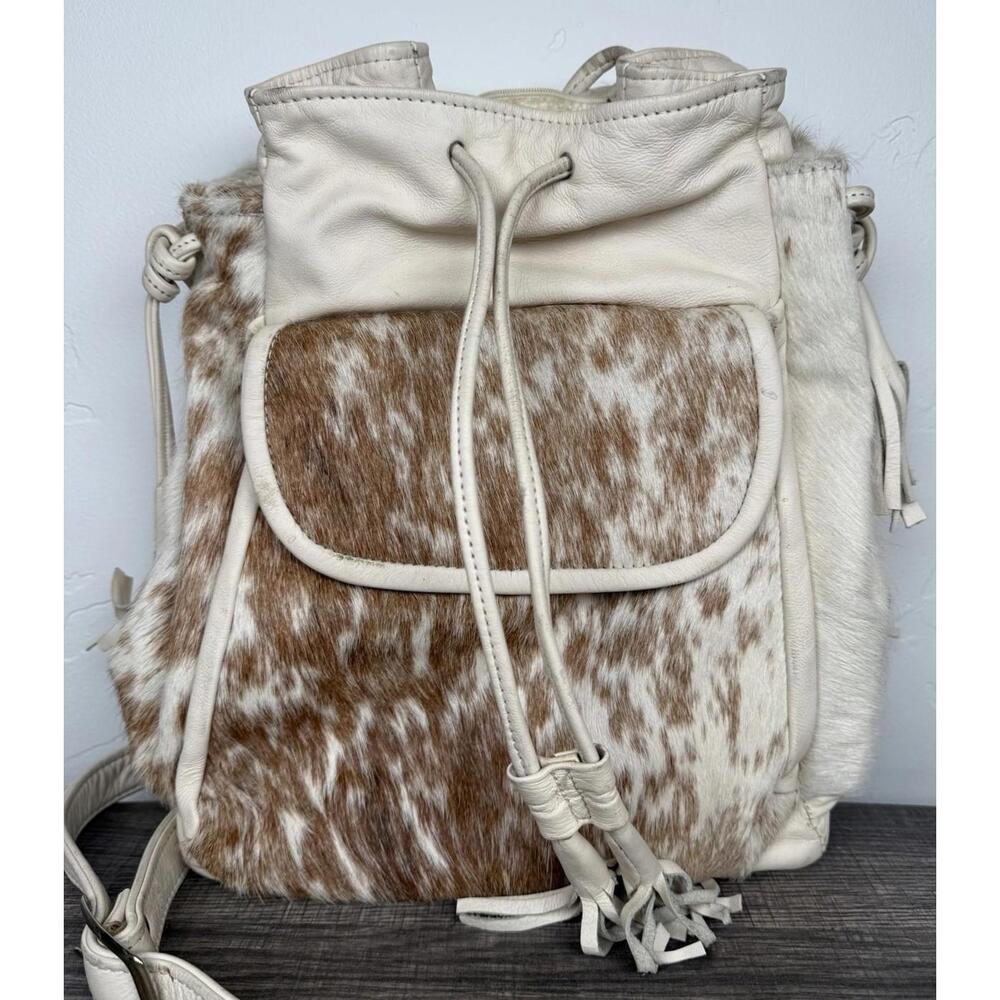 Vintage Cowhide Haircalf Leather Backpack Cream Brown Drawstring Boho Western